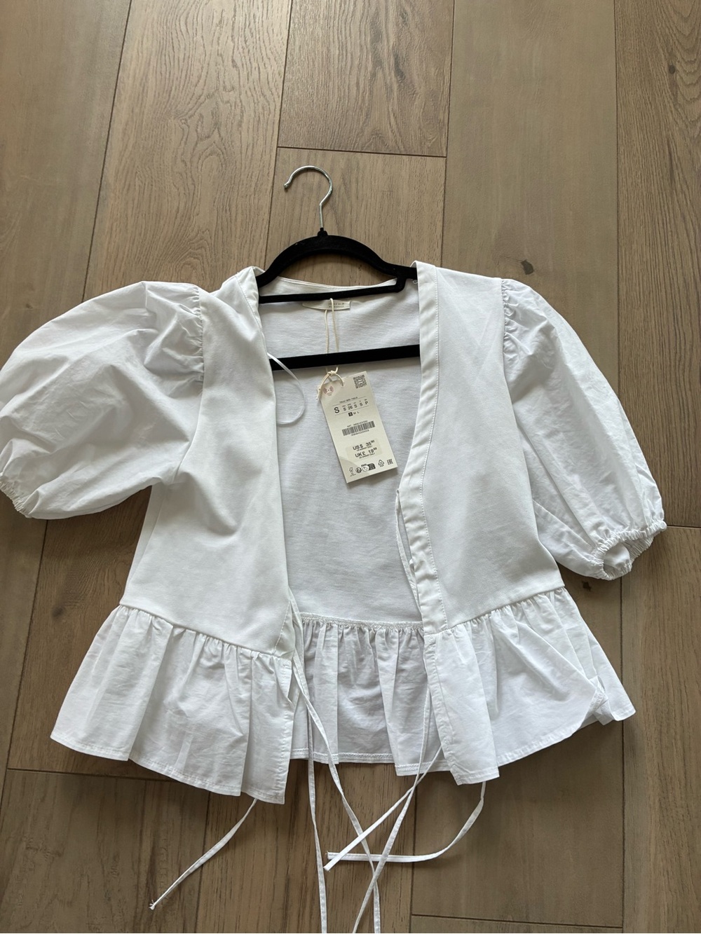 Zara White Puff Sleeve Peplum Tie-Front Blouse